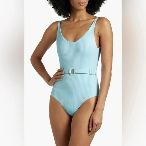 Melissa Odabash sky St. Tropez belted ribbed swimsuit size 10 B2102 - Picture 2 of 9